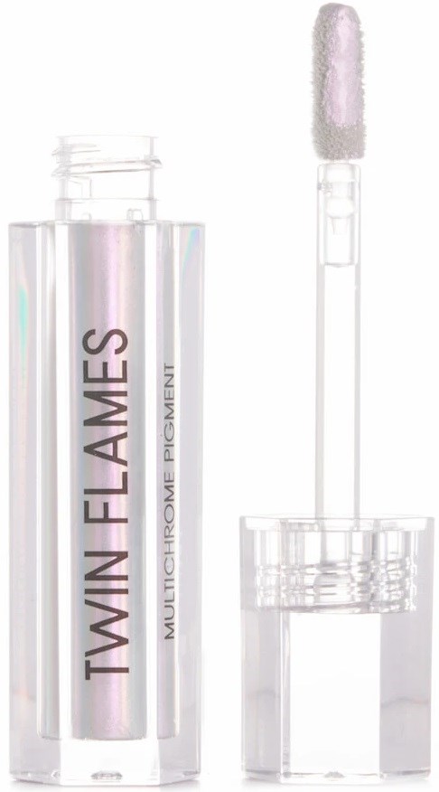 Lip gloss container and applicator with shiny, iridescent finish and purple gloss inside.