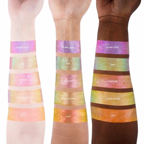 Three arms with colorful, shiny bands labeled Young Love, Bae, Passion, Everlasting, and Lust.