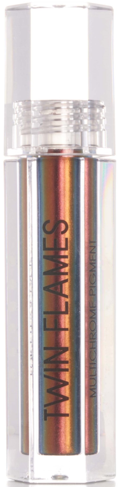 Holografisk läppstift i genomskinlig tub med klart lock och svart text som säger Twin Flames.