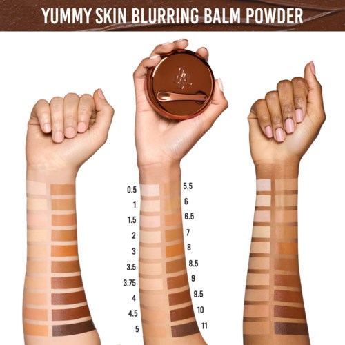 Swatches of different shades of foundation or concealer on arms, showing color matching options for skin tones.