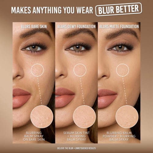 Drei Make-up-Produkte gezeigt: Verschränkender Balsam-Spray, Foundation und Matte Foundation für besseren Halt. Nahaufnahme eines Frauengesichts.