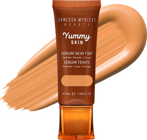 A tube of serum skin tint with a swatch of beige color and text about hydration and correcting skin appearance.