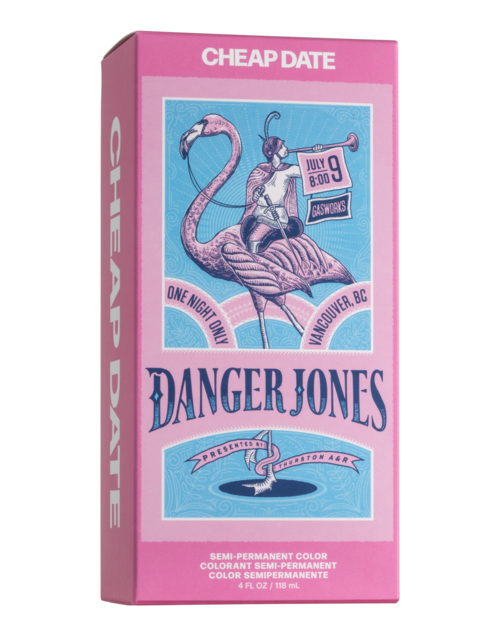 Rosa Verpackung mit Flamingo und Person. Der Text zeigt Datum, Uhrzeit und Ort in Vancouver, BC.