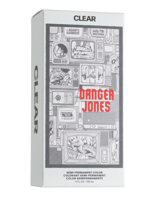 Eine Schachtel mit halb dauerhafter Haarfarbe namens Explorer, mit mehreren TV- und Comic-ähnlichen Illustrationen und dem Namen DANGER JONES in Rot.