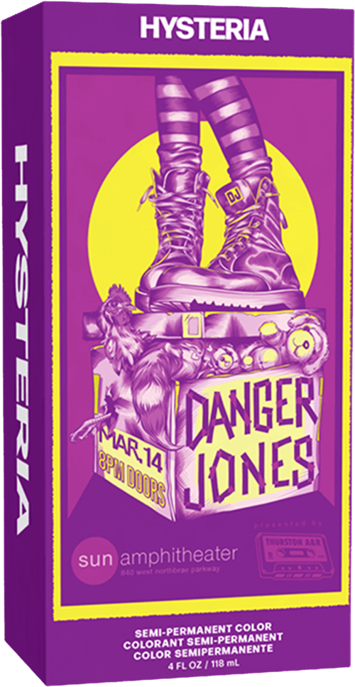 Plakat für ein Hysteria-Konzert mit Danger Jones am 14. März, in lebendigen Lila- und Gelbtönen.