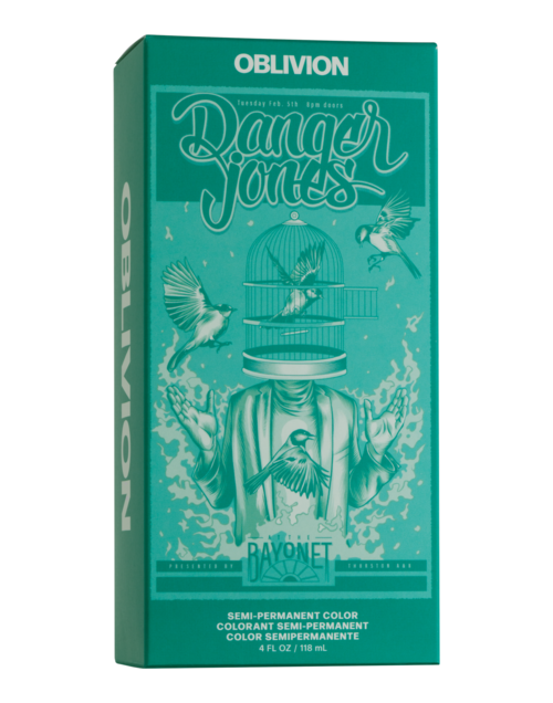 Türkise Box mit Vögeln, einem Vogelkäfig und Text: 'Danger Jones' und 'Rayonet' für halb permanente Haarkosmetik.