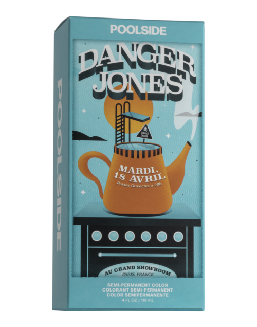 Eine bunte Schachtel mit einem Teekannen-ähnlichen Pool, Veranstaltungstag und fettem Text für Danger Jones am Pool.