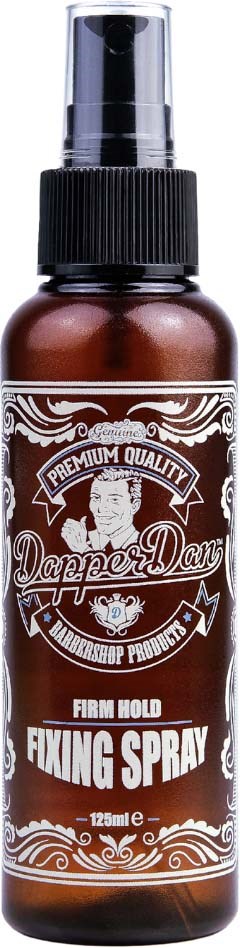 Brown spray bottle labeled 'Dapper Dan Fixing Spray' with a black spray top and decorative label.