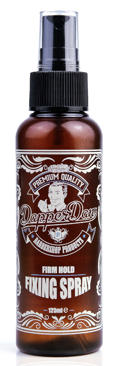 A brown spray bottle labeled 'Firm Hold Fixing Spray' with a black spray top and decorative white design.