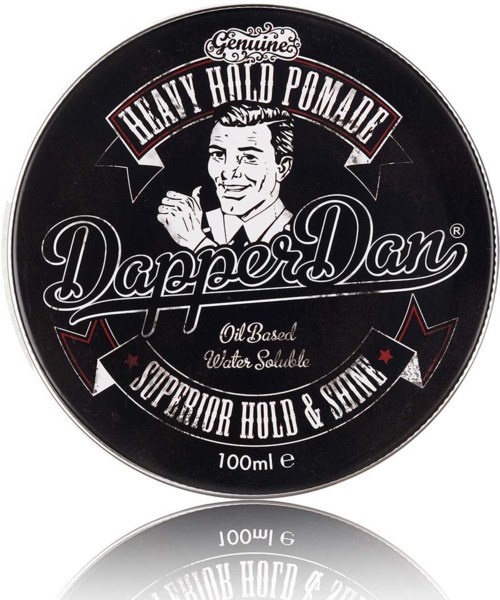 Musta pyöreä etiketti miehen kasvoilla, merkattu raskas pitoöljy, DapperDan, vesiliukoinen, 100 ml.