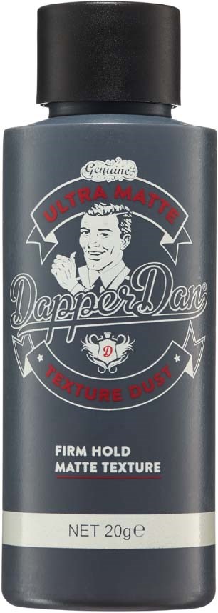 Eine graue Flasche Dapper Dan Textur Pulver mit schwarzem Deckel, für starken Halt matter Textur, 20 Gramm.