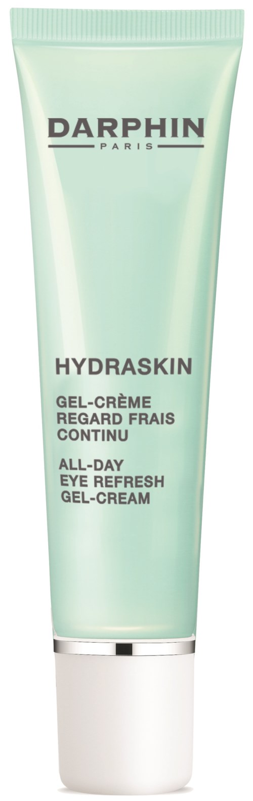 Ein hellgrüner Tube mit Darphin Hydraskin Augen-Gelcreme mit Produktname und Beschreibung in Schwarz und Grün. 