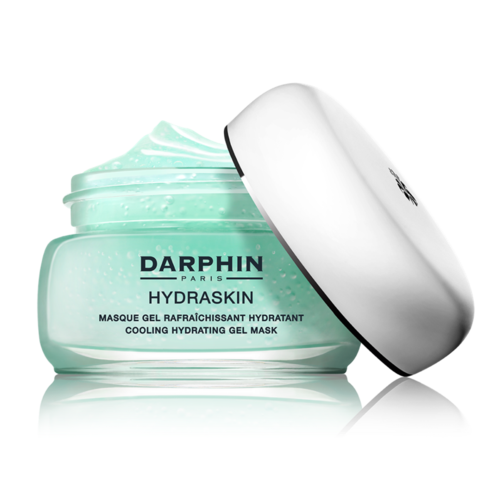 Eine türkisfarbene feuchtigkeitsspendende Gelmaske in einem Behälter mit weißem Deckel, beschriftet 'Darphin Hydraskin'.