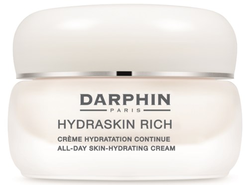 Ein weißer Behälter mit Darphin Hydraskin Rich feuchtigkeitsspendender Creme für Hautpflege.
