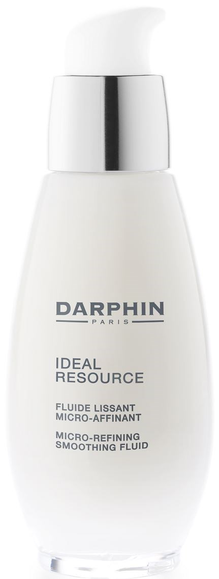 Eine weiße Flasche mit Pumpe zeigt Darphin Ideal Resource Micro-Refining Smoothing Fluid.