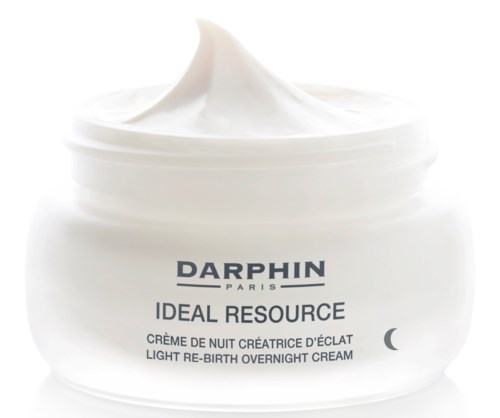 Ein weißer Behälter mit Darphin Ideal Resource Nachtcreme, gefüllt mit leichter, luftiger Creme, kleines Mondsymbol.