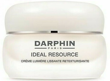 Ein weißer Behälter mit schwarzen Text für Darphin Paris Ideal Resource Creme. Der Deckel ist rund und glatt.