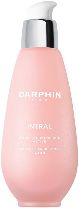 Rote Lotionflasche mit weißem Pumpkopf, beschriftet Darphin Intral Active Stabilizing Lotion.