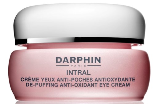 Eine rosa Dose Darphin Intral Augencreme mit silberner Abdeckung, als Antioxidans, abschwellende Augencreme.