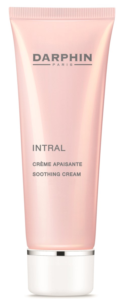 Eine rosa Tube mit Beruhigungscreme, labeled Darphin Paris, INTRAL. Die Beschriftung gibt an, dass es sich um eine beruhigende Creme handelt.
