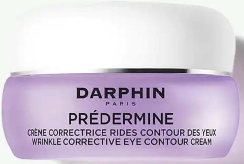 Eine lila Dose von Darphin Prédermine gegen Falten um die Augen, mit weißem Deckel.