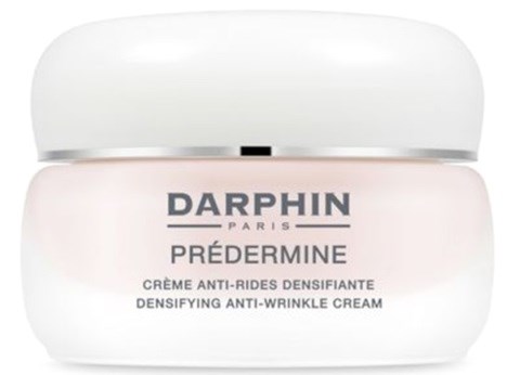 Ein Behälter mit Darphin Prédermine Anti-Falten-Creme, weißer Deckel, hellrosa Verpackung.