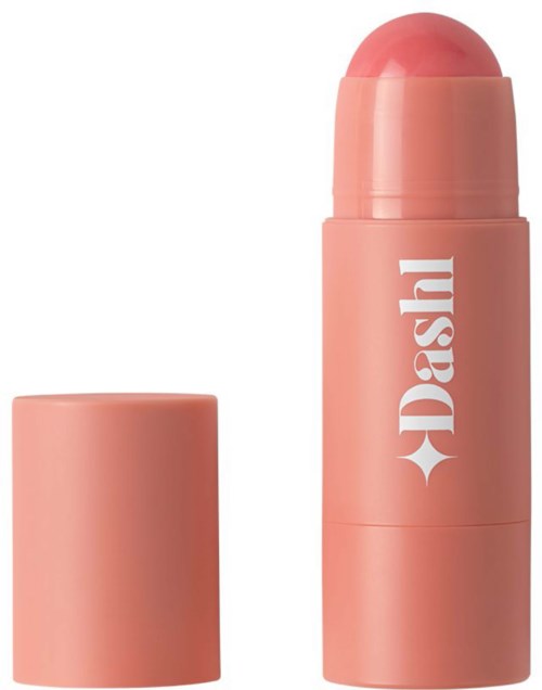 A pink lipstick stick with the brand name "Dash" written on it, with the cap removed revealing the lipstick.
