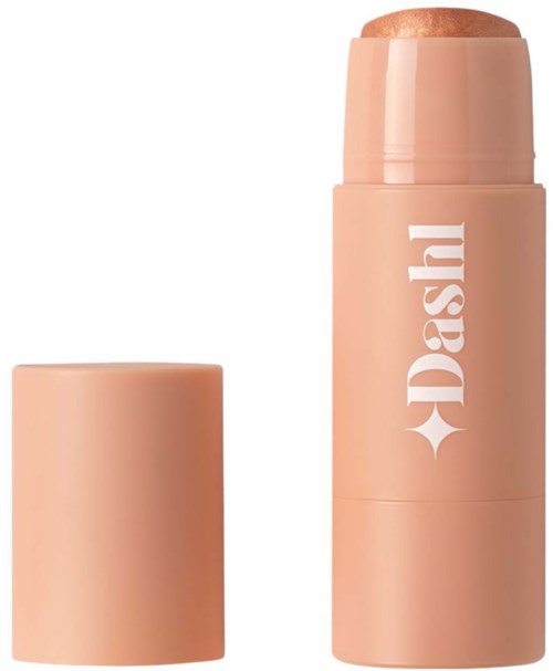 Een beige stiftvormige container met het woord 'Dash' erop en een deksel ernaast.