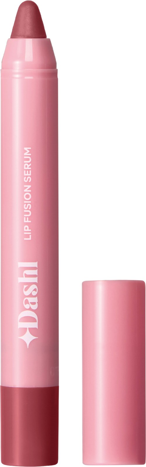 Pink lipstick or lip gloss with a cap, labeled "Lip Fusion Serum" by Dash.