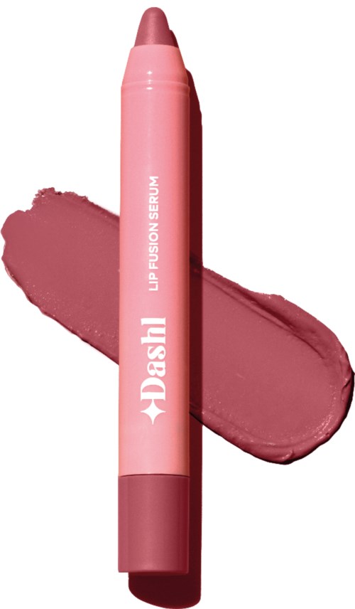 A pink lip balm pen with a swatch of mauve-colored lip gloss behind it.