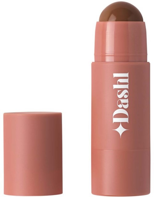 Een roze blushstift met een ronde, bruine bovenkant en de tekst 'Dash' geschreven verticaal.