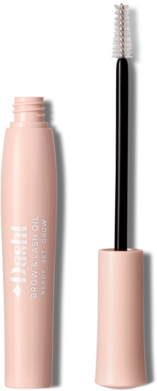 Vaaleanpunainen pullo kulmakarvageelille ja harja, etiketti lukee "Brow & Lash Oil".