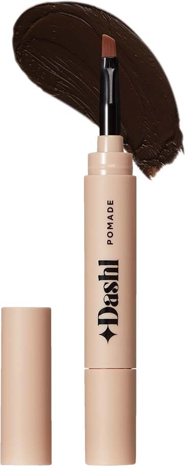En beige läppstiftsrör med svart text. Innehåller-brunt läppstift med en svärm ovanför.