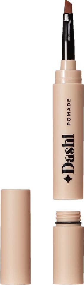 A beige-colored makeup stick with cap removed, revealing a brown tip for applying, labeled 'Dashl Pomade'.