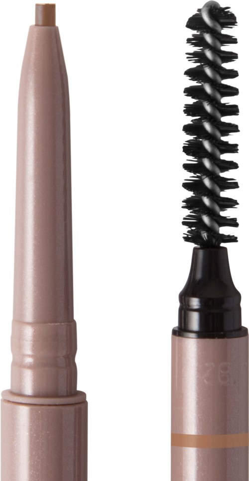 A makeup pencil and a mascara wand with a curved brush.