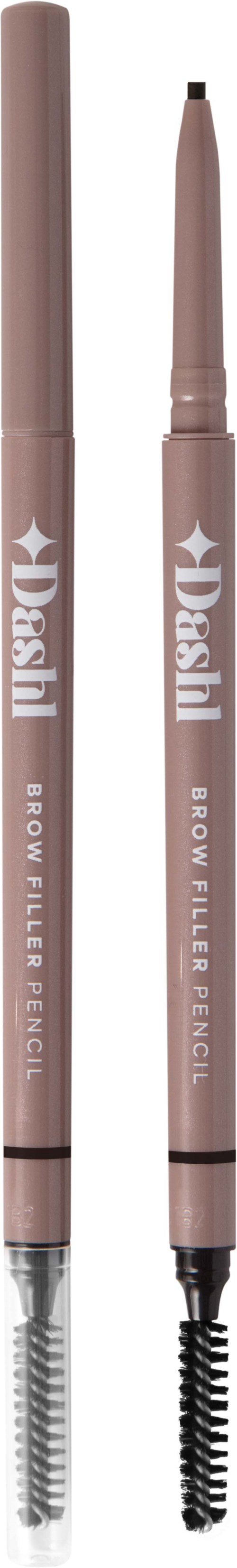 Two dual-ended eyebrow pencils, one with a brush and the other with a fine tip, in light pink color.