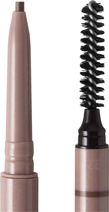 Een beige potlood met spitse kant en een zwart borsteltje voor make-up.
