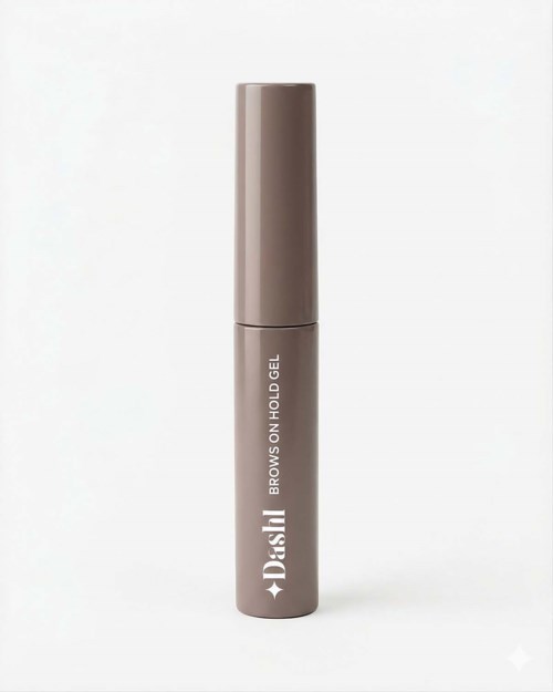 En brun sylinderformet tube med lokk, merket Brows on Hold Gel, står oppreist på en hvit bakgrunn.