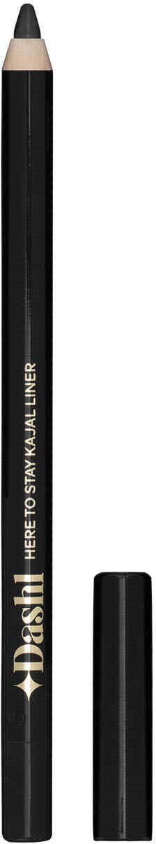 Zwarte wenkbrauwpotlood met dop, gemerkt "Dash" en "Here to stay eyebrow gel liner."