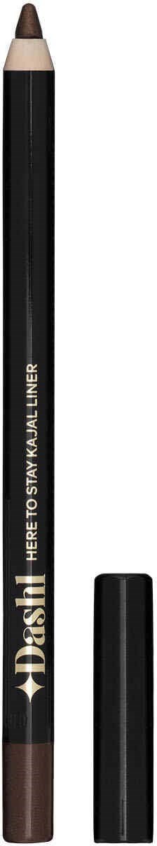 Een bruin potlood met een zwarte body en dop, met de tekst 'HERE TO STAY' en 'DASH' voor wenkbrauwen of liquid eyeliner.