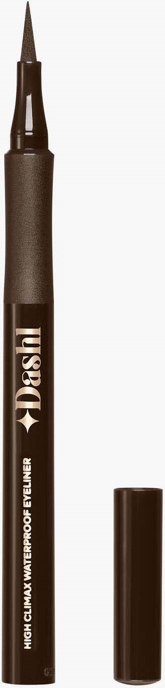 Een zwarte vloeibare eyelinerpen met puntborstel, gelabeld 'Dash' en 'High Quality Waterproof Eyeliner.'