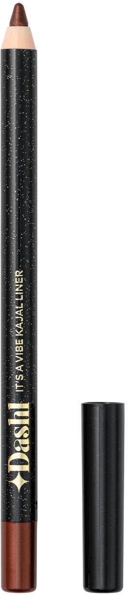 A brown eyeliner pencil with a black body and its cap removed.