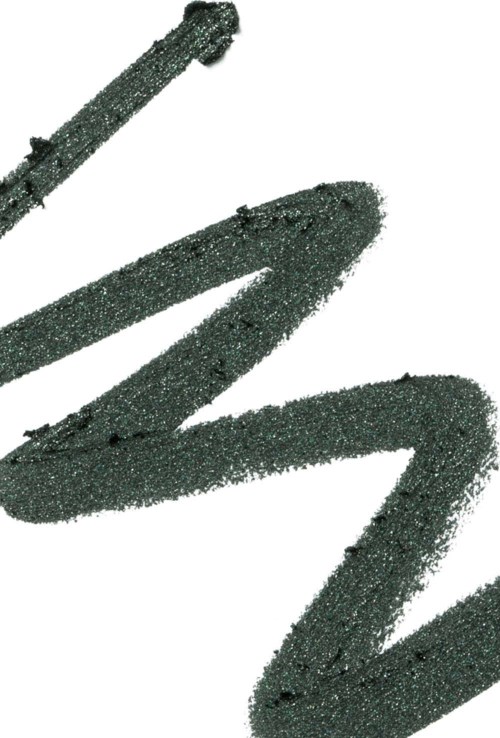 A black glittery eyeliner swatch shows a curved line on a white background.