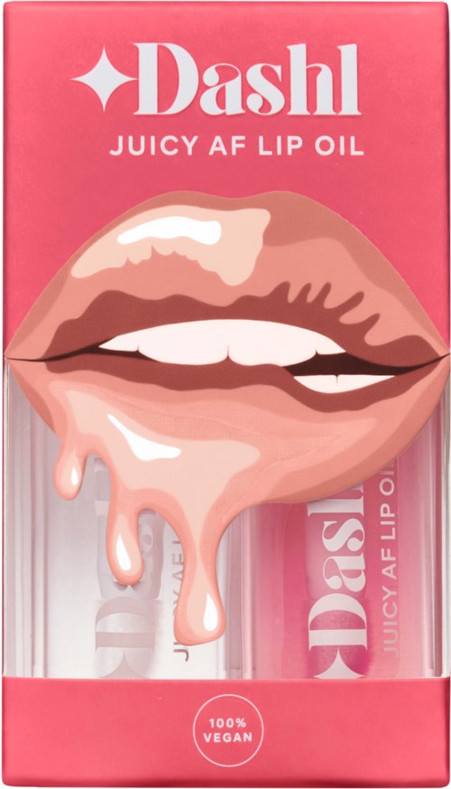 Een roze doos met een lipillustratie en een label voor Dashl lippenbalsem. Tekst zegt dat het veganistisch en sappig is.