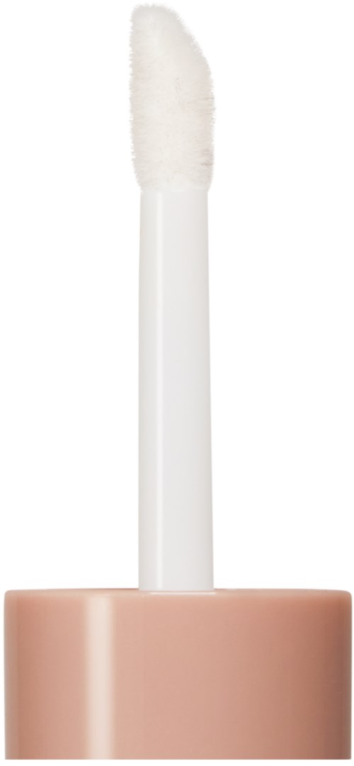Een witte lipglossapplicator met een pluizige tip en een beige dop.