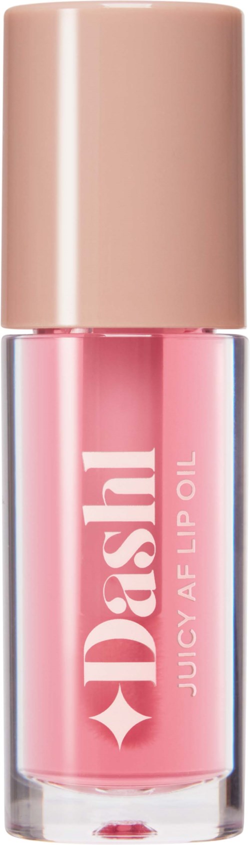 A bottle of pink lip gloss with a beige cap, branded 'Dash' and 'Juicy A Flip Lip'.