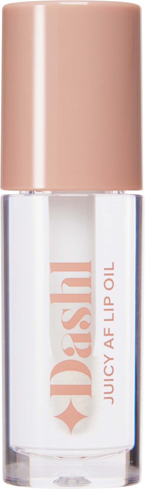 Een heldere fles met een roze deksel, gelabeld "DASH Juicy AF Flip Oil."