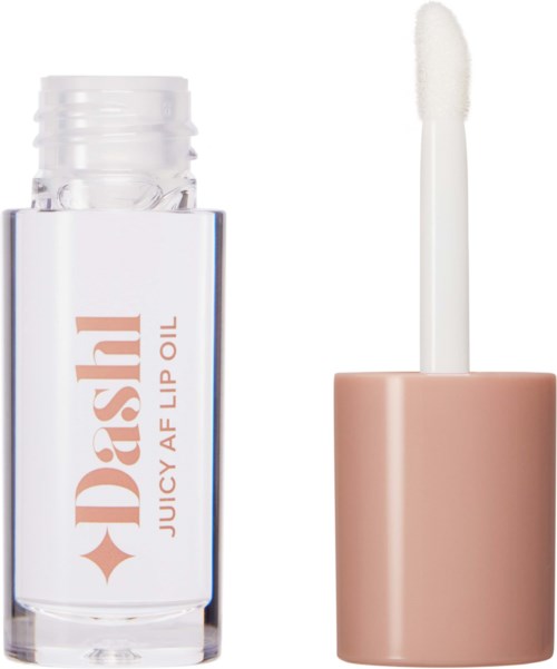 Een doorzichtige lipolie-flacon met witte dop en sponsapplicator, gelabeld 'Juicy AF Lip Oil' in roze tekst.