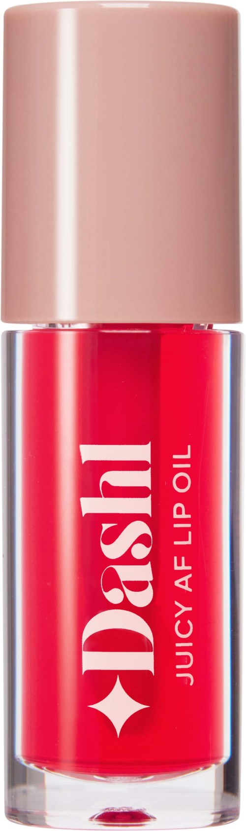 Rood lipgloss in doorzichtige tube met beige dop, gemarkeerd 'DASH Juicy AF Lip Oil'.