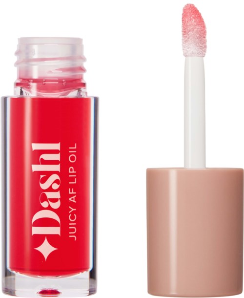 Lippenbalsem met roze kleur en merk Dosh, naast een beige container. Applicator is zichtbaar.